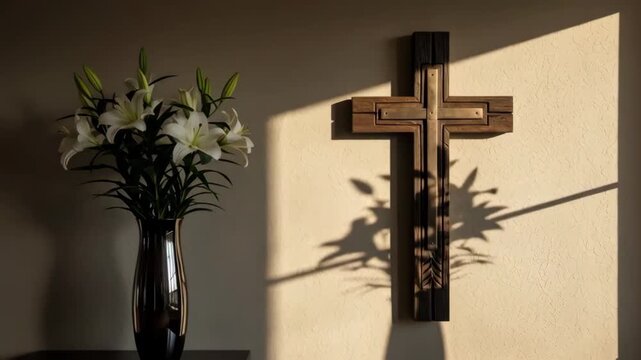 Time lapse static shot of vase of lilies casting moving shadow beside wooden cross on textured wall in morning light