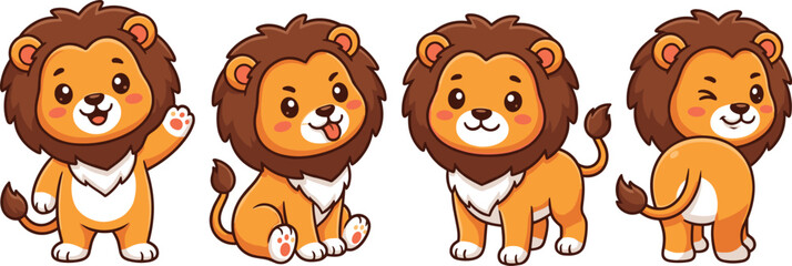 Fototapeta premium Cute lion cartoon characters collection with different poses smiling waving and sitting adorable animal vector illustration set