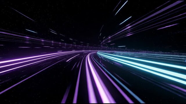 Futuristic neon highway with glowing purple and blue light trails speeding through a night cityscape