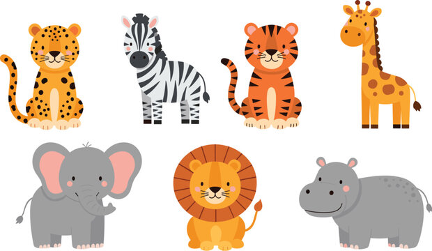 Cute safari animals set including lion elephant giraffe zebra tiger and hippo in cartoon vector illustration collection for kids design