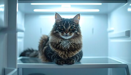 Fluffy tabby cat sitting inside open refrigerator with cool lighting