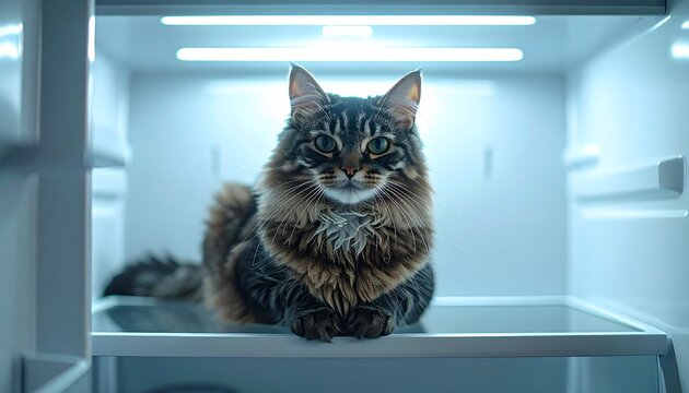 Fluffy tabby cat sitting inside open refrigerator with cool lighting