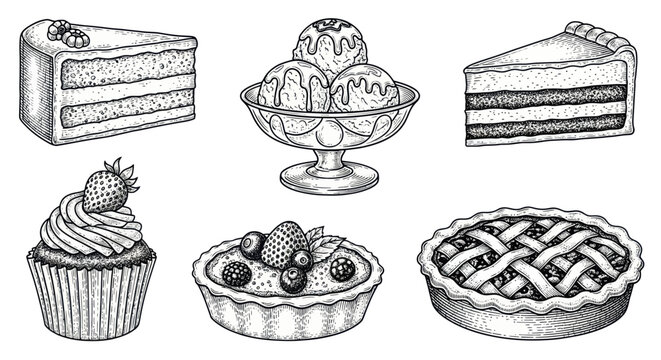 Hand-Drawn Desserts Collection: Cakes, Pie, Cupcake, Tart, Ice Cream
