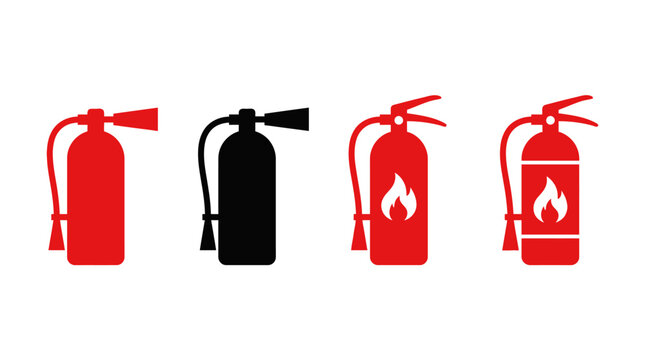 Fire Extinguisher Vector Illustration Set &ndash; Safety Equipment Icons in Red and Black with Flame Symbols &ndash; Emergency Signage Art for Fire Protection and Prevention