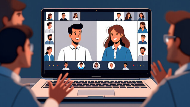 A man and woman on a video call with many people on the screen
