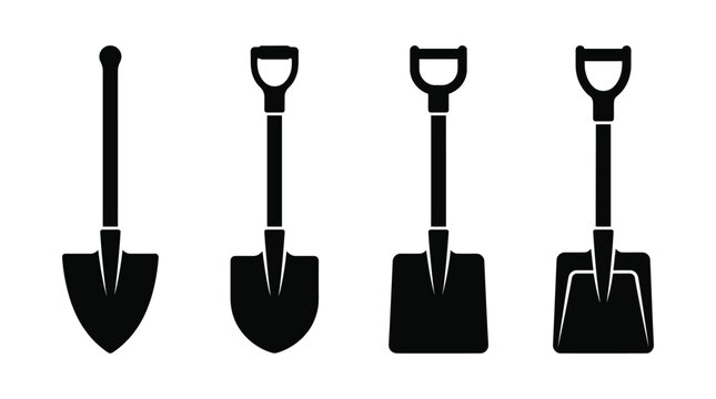 Shovel Vector Illustration Set &ndash; Black Silhouettes of Digging and Scooping Tools with D-Grip Handles &ndash; Gardening, Landscaping, Construction Equipment Art for Branding