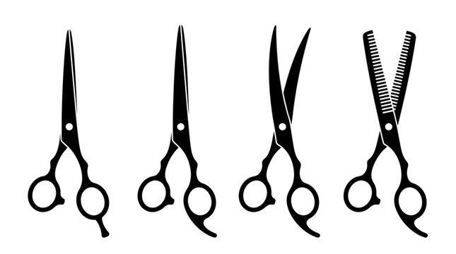 Hairdressing Scissors Vector Illustration Set &ndash; Professional Cutting Shears and Thinning Tools Silhouettes &ndash; Black Salon Equipment Art for Hairstyling, Barber, and Beauty Branding