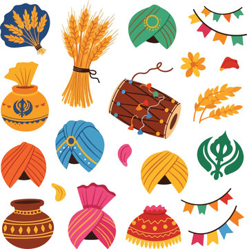 Vaisakhi Festival Elements Set with Punjabi Turbans, Wheat Stalks, and Dhol Drum