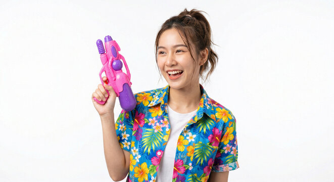 Happy Young Woman in Floral Shirt with Pink Water Gun for Songkran Festival Thailand