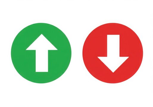 Green up arrow and red down arrow symbols isolated on white background