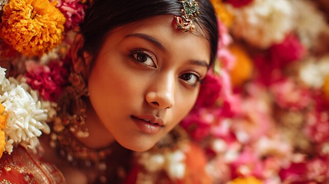 Beautiful Indian woman in traditional attire surrounded by fresh flowers as the main subject, decorative setting filled with petals and garlands, soft natural light creating gentle highlights and fres
