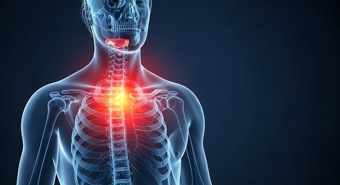 The image depicts a human body with highlighted spine and ribcage showing back pain