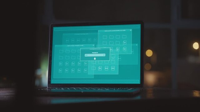 typing incorrect password on laptop computer on office desk at night trying to infiltrate government system server with remote access. Top secret confidential information. Hacker working alone