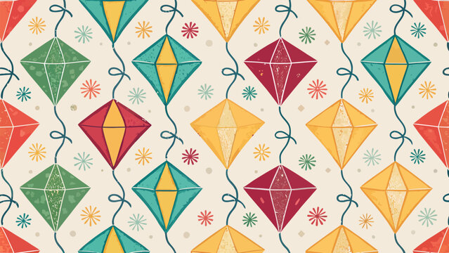 Vibrant kite pattern with colorful kites and strings on white background for design and decoration