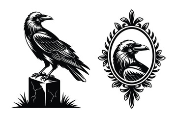 Fototapeta premium Black and white raven illustration and oval portrait