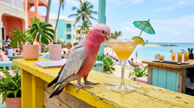 A pink parrot perched on a vibrant yellow ledge sipping from a martini glass filled with a citrus drink. Playful tropical scene with pastel tones and modern aesthetics.