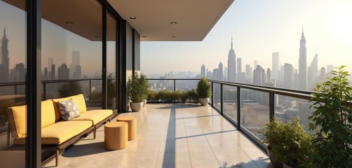 Obraz premium Modern condo balcony offers stunning city view. Yellow sofa and wooden stools create stylish outdoor living space. Glass railings provide unobstructed sightlines.