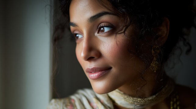 Beautiful Indian woman in traditional sari gazing softly toward a light source as the main subject, dim quiet interior with minimal visual elements, directional light creating gentle gradients across 