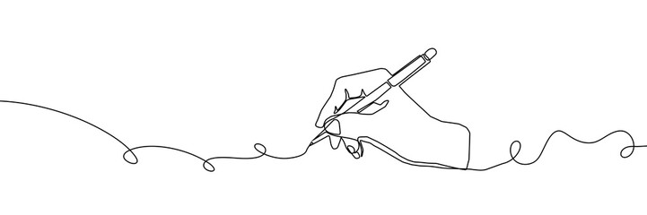 Fototapeta premium Continuous one line pen hand pencil write one art icon book journal sketch. Sign line pen hand vector signature letter notebook person background contract document single legal white school paper