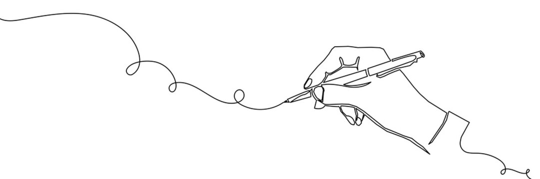 Continuous one line pen hand pencil write one art icon book journal sketch. Sign line pen hand vector signature letter notebook person background contract document single legal white school paper