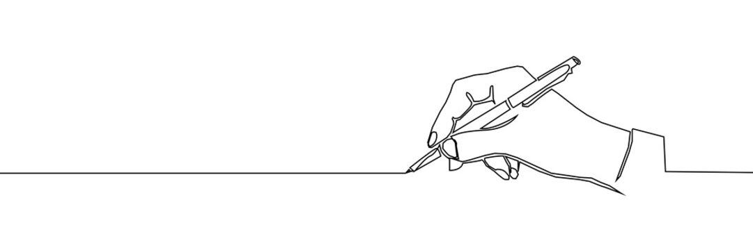 Continuous one line pen hand pencil write one art icon book journal sketch. Sign line pen hand vector signature letter notebook person background contract document single legal white school paper