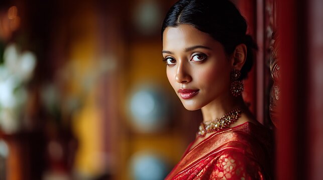 Beautiful Indian woman in traditional sari with delicate jewelry as the main subject, indoor space with gentle decorative elements and warm tones, soft warm lighting creating a glowing and inviting at