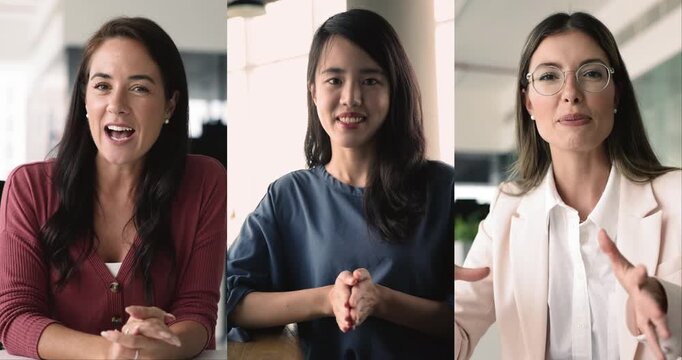 Young women of different races talking on video call, waving hand hello, looking and smiling at camera, greeting online audience, giving webinar, training on Internet. Collection of portraits