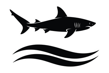 Fototapeta premium Black silhouette of shark swimming and wave icon on white background
