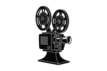Black silhouette of vintage film projector on white background © Sadek