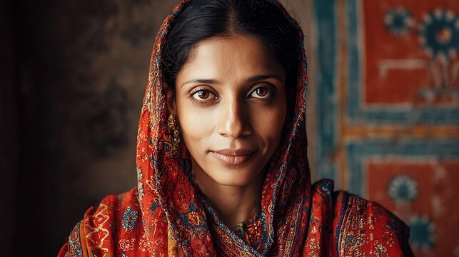 Beautiful Indian woman in traditional sari with intricate patterns looking directly into the camera as the main subject, simple backdrop with subtle cultural motifs, soft directional lighting sculptin