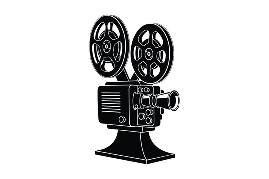 Black silhouette of vintage film projector on white background