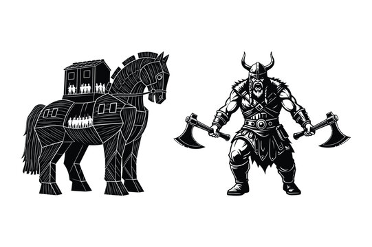 Viking warrior with axes and armored horse illustration with re enactment