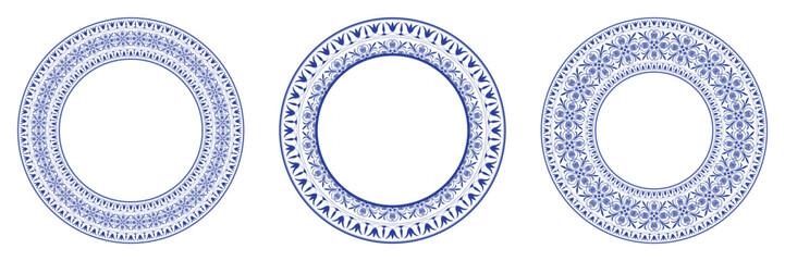 Collection of decorative blue round frames arabesques. Circle frame. Egyptian, Assyrian, Greek motif circular frame. Pattern frame for textiles, engraving, embroidery, ceramic, plate, embroidery EPS © z_olga_art