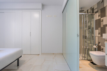 Fototapeta premium Modern minimalist bedroom with glass partition bathroom and walk in shower in contemporary apartment interior