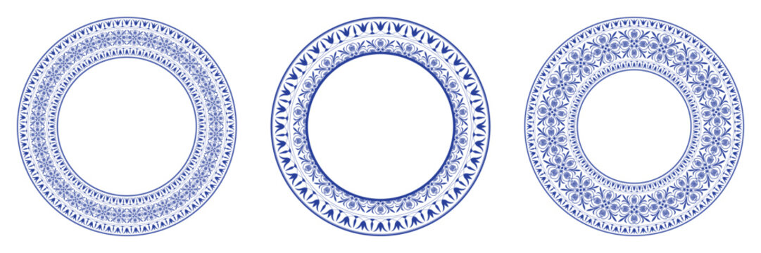 Collection of decorative blue round frames arabesques. Circle frame. Egyptian, Assyrian, Greek motif circular frame. Pattern frame for textiles, engraving, embroidery, ceramic, plate, embroidery EPS