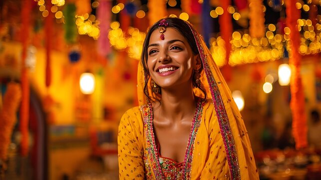 Beautiful Indian woman in vibrant traditional attire smiling joyfully as the main subject, festive courtyard decorated with colorful garlands and hanging lights, warm golden lighting creating a glowin