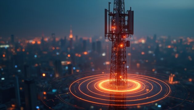 Cellular tower emits orange signals over city at night. Futuristic technology enhances network coverage for 5g data and mobile connection. Advanced infrastructure provides wireless communication.