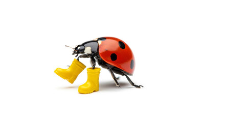 Naklejka premium A ladybug wearing tiny yellow boots stands on a white background