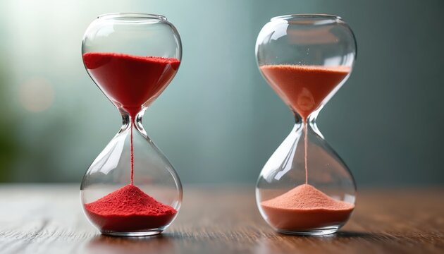 Two hourglasses, one with red sand flowing fast, other with normal speed orange sand. Comparison of time passing, aging, or different life spans. Concept of urgency, speed, or misdiagnosis.