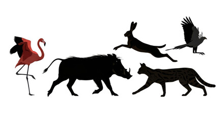 Fototapeta premium A group of animal silhouettes including a flamingo, warthog, and leopard in various poses