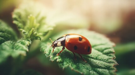 Obraz premium A vibrant red ladybug with perfect black spots explores a lush green leaf in soft sunlight