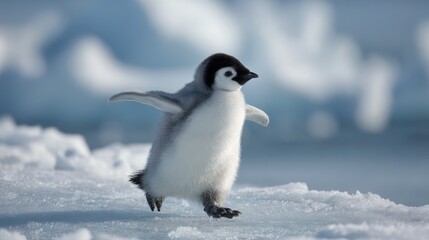 Fototapeta premium Adorable penguin chick waddling joyfully on a sun-dappled icy shore with wings outstretched for balance and exploration.