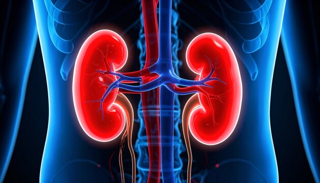 A detailed anatomical illustration of the human torso, highlighting the rib cage in red, kidneys in red with adrenal glands atop, ureters extending to the bladder in orange, and the spine with surroun