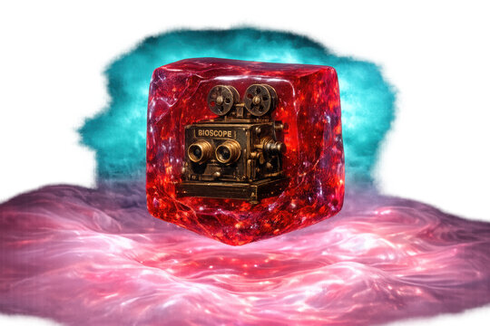 Bioscope cinema camera frozen in a ruby cube