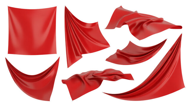Set of different red fabric pieces hanging and flowing in various dynamic shapes and positions Vector