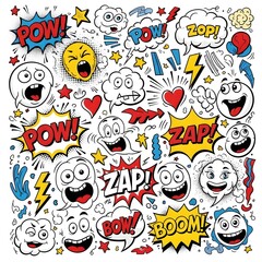 Comic Book Speech Bubbles and Exclamations with Cartoon Faces, Vibrant Pop Art Style