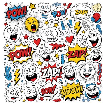 Comic Book Speech Bubbles and Exclamations with Cartoon Faces, Vibrant Pop Art Style