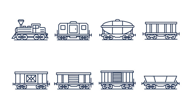 Vintage Train Car Collection: Locomotive and Freight Wagons Line Art Illustration