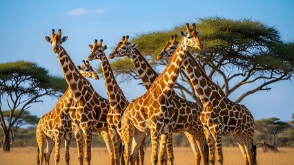 Obraz premium Reticulated giraffes standing together in summer savanna landscape, wildlife animals in natural habitat