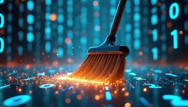 Digital broom swepic glowing binary code on futuristic grid. Data cleaning process, cybersecurity and system optimization concept for tech maintenance. Network security scan.